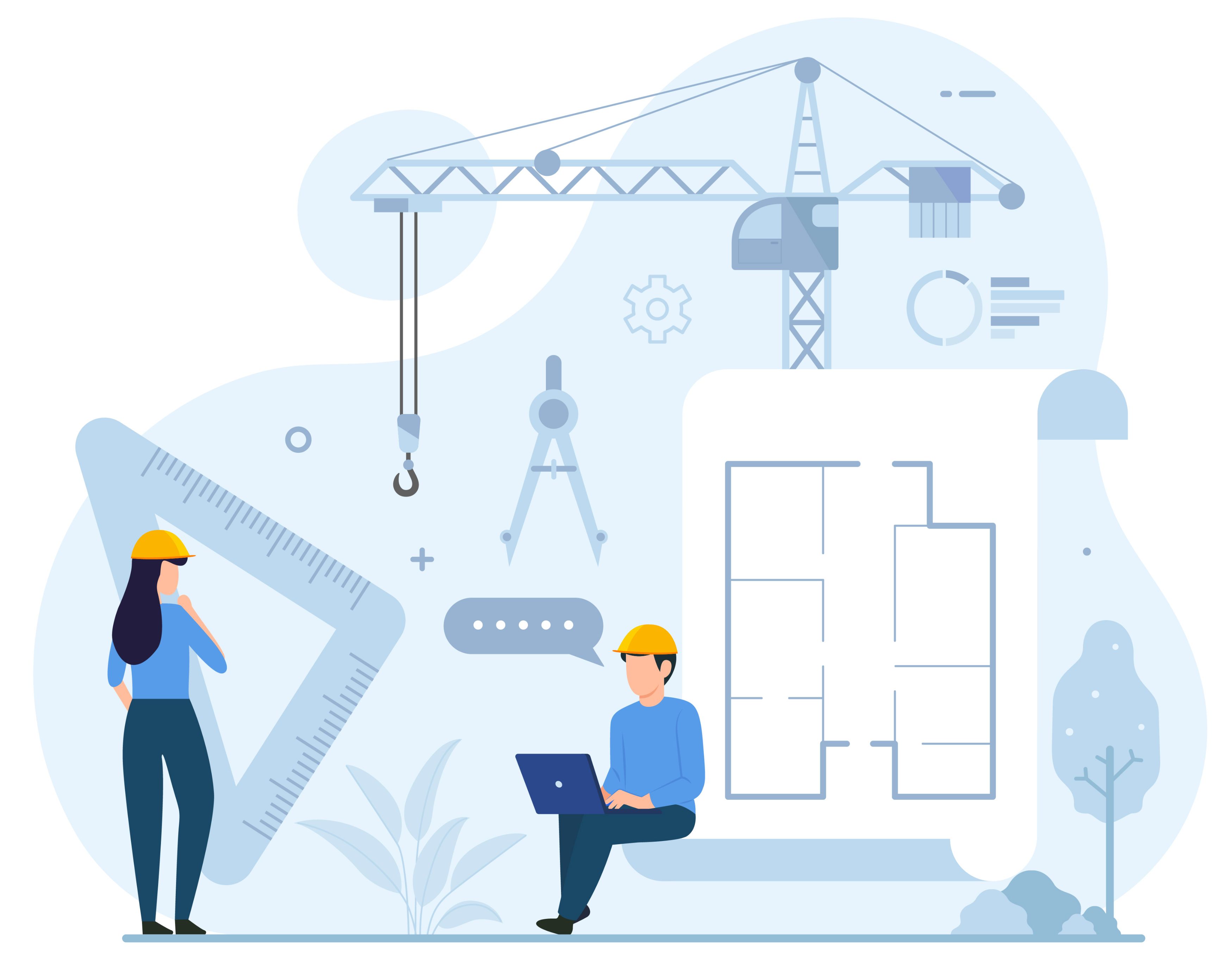 Illustrasjon av diverse verktøy, og to mennesker